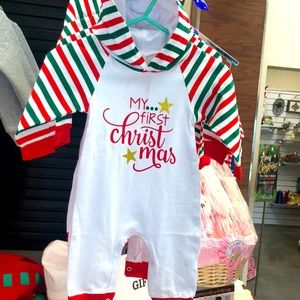 Christmas letter pattern striped long-sleeve hooded jumpsuit for baby (unisex)